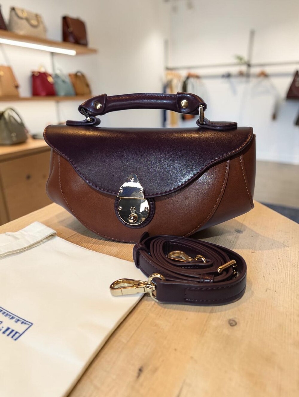 Tan and Brownish Red Genuine Leather Crossbody Boat Bag NWT